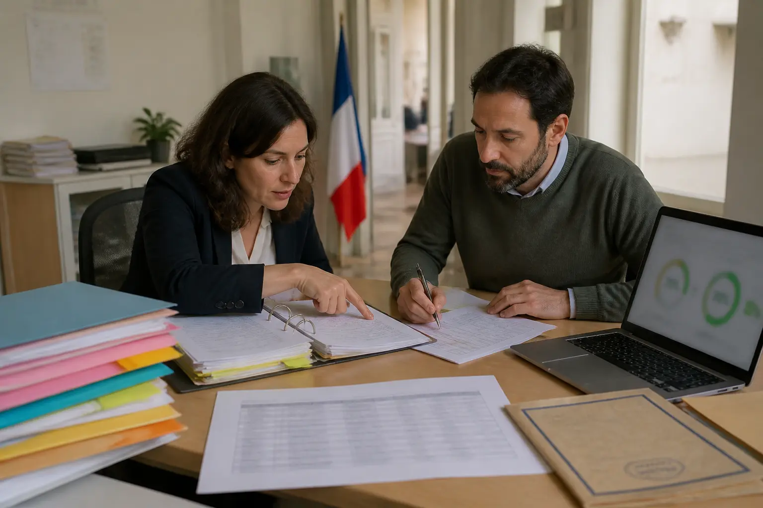 Scène de bureau d'une mairie française, acheteur et manager examinant un marche à bon de commande avec documents organisés.
