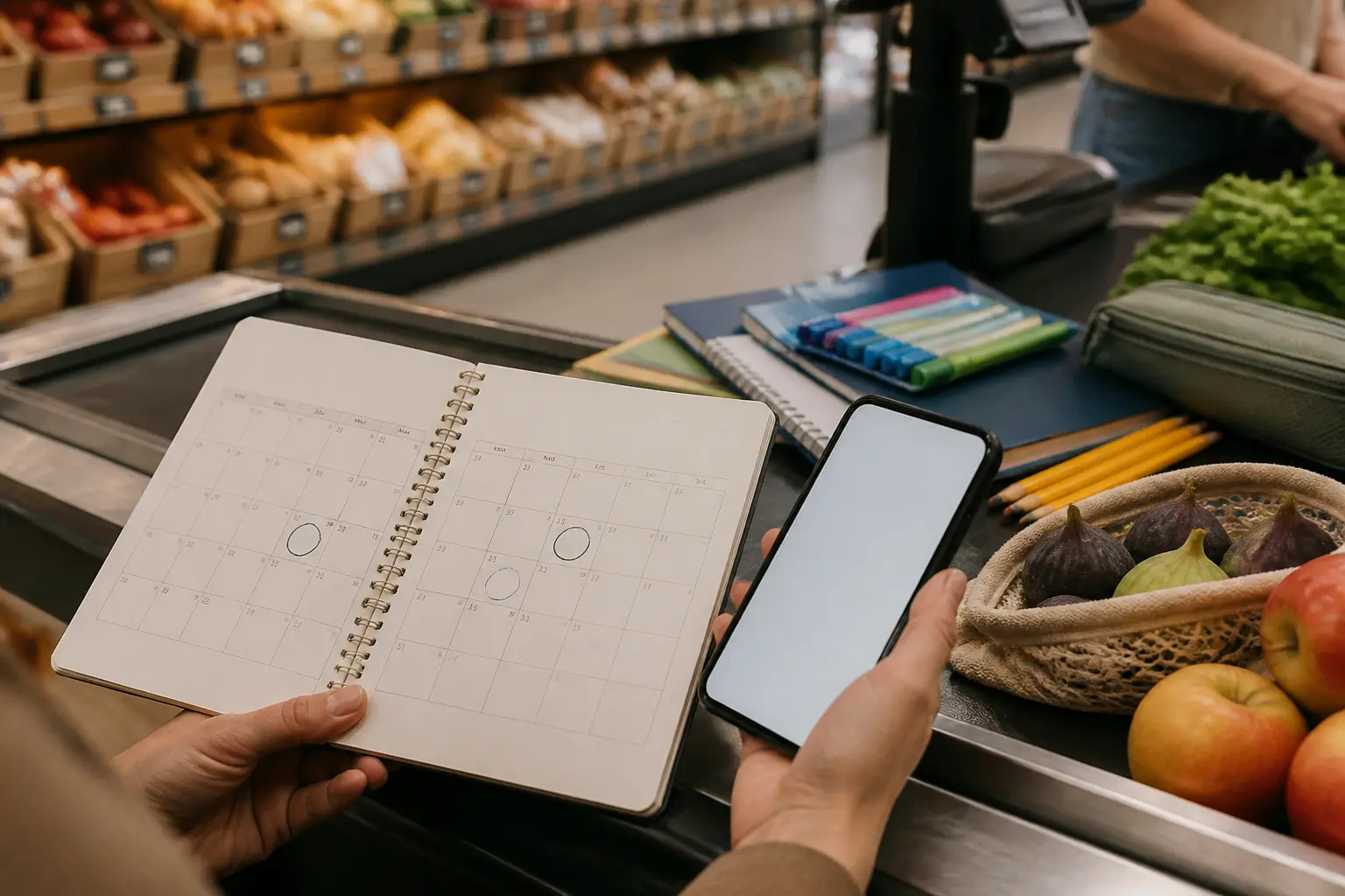 Scène de supermarché en septembre avec fournitures scolaires, fruits de saison et un planner, illustrant le marronnier 2025.