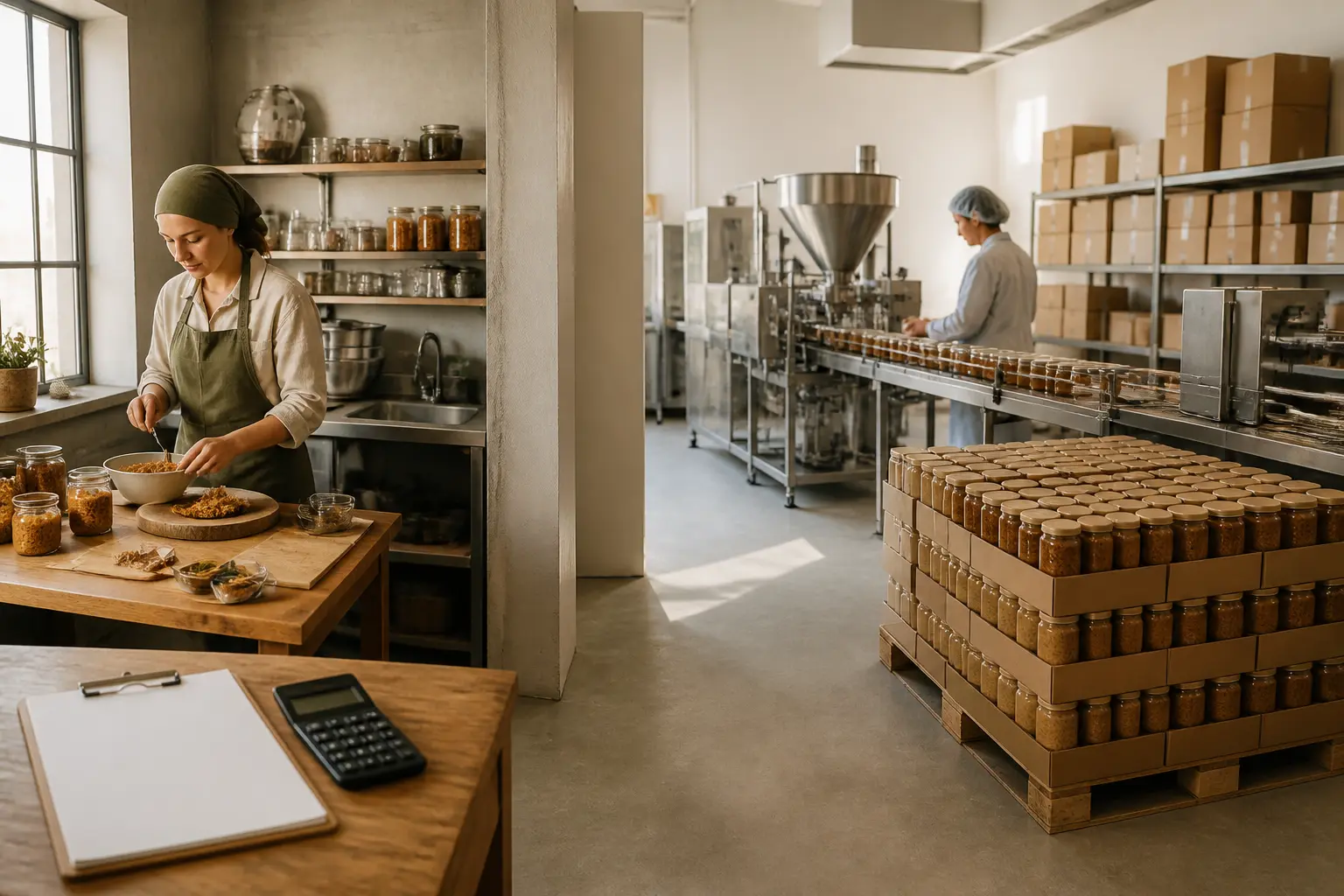 Atelier de production alimentaire montrant la transition vers le mass market avec un espace de travail artisanal à gauche et une ligne semi-automatisée à droite.