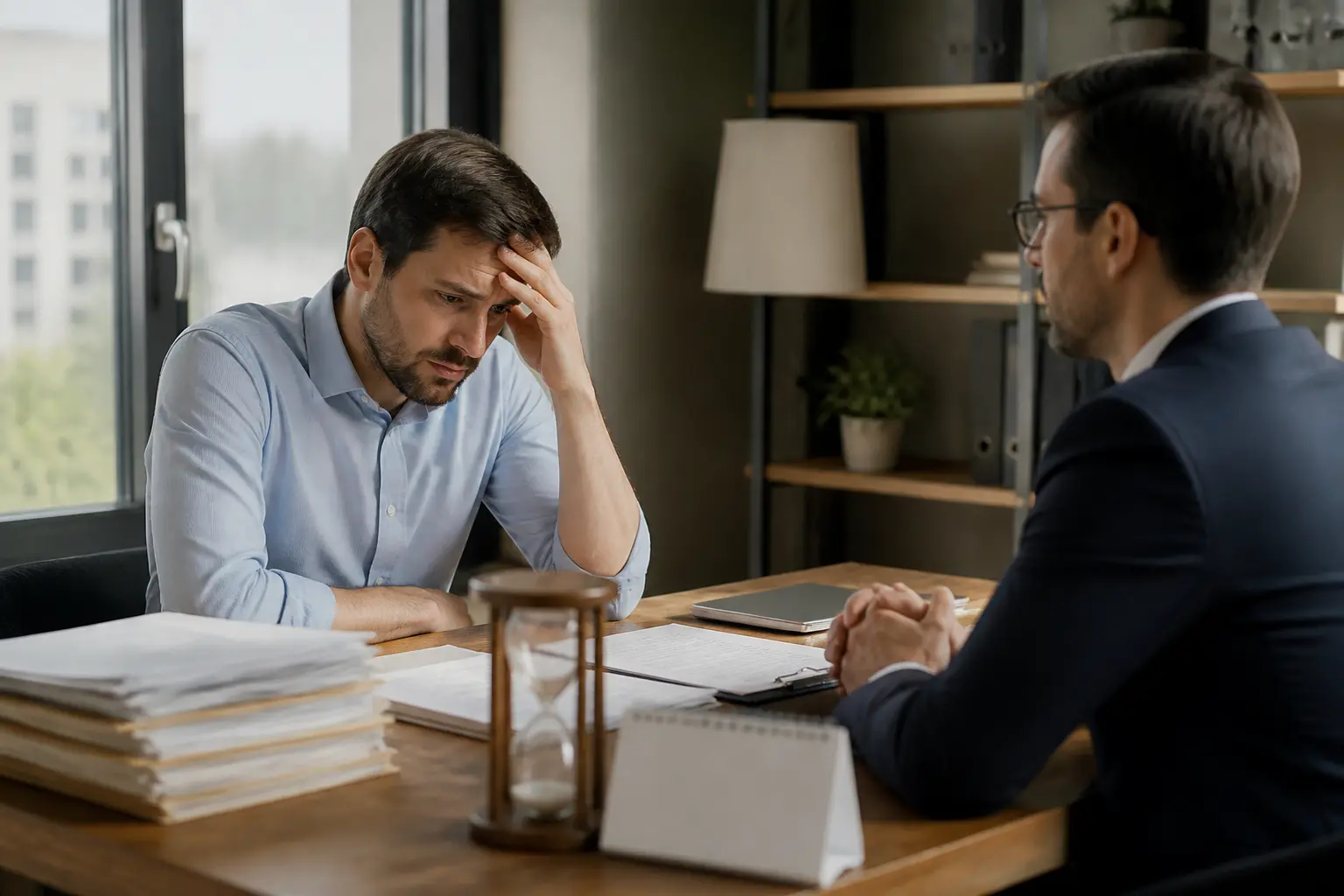 Moratoire def : entrepreneur stressé et banquier négocient un report de paiement dans un bureau moderne, factures et calendrier visibles