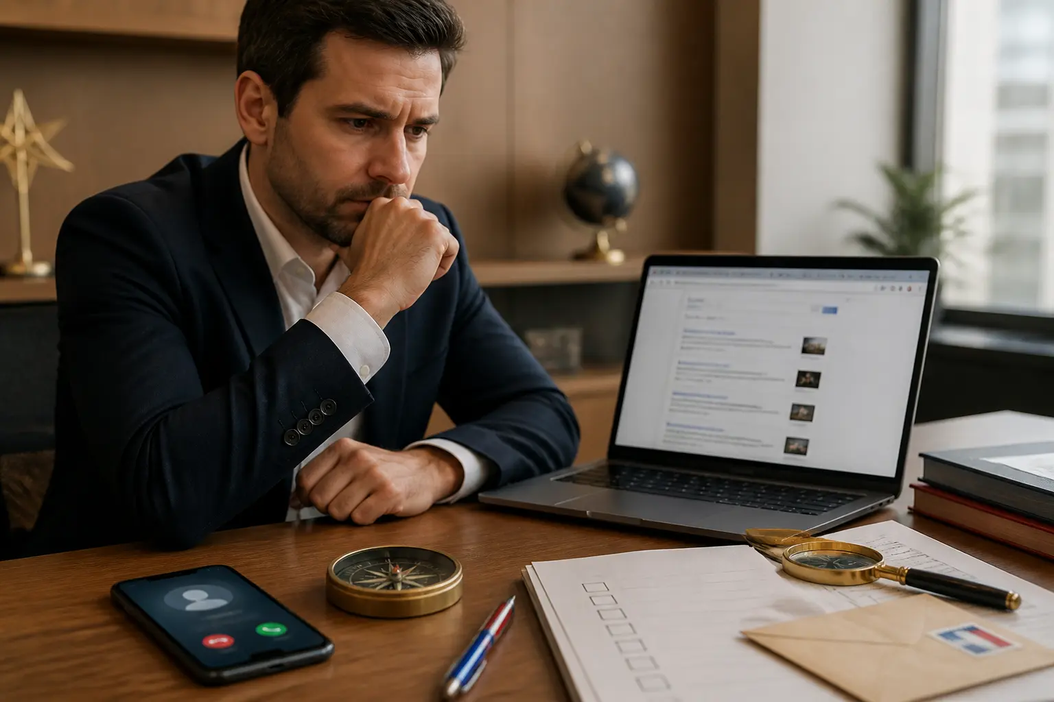 Professionnel français au bureau, comparant des onglets, avec une boussole et un ornement étoilé symbolisant le northstar.