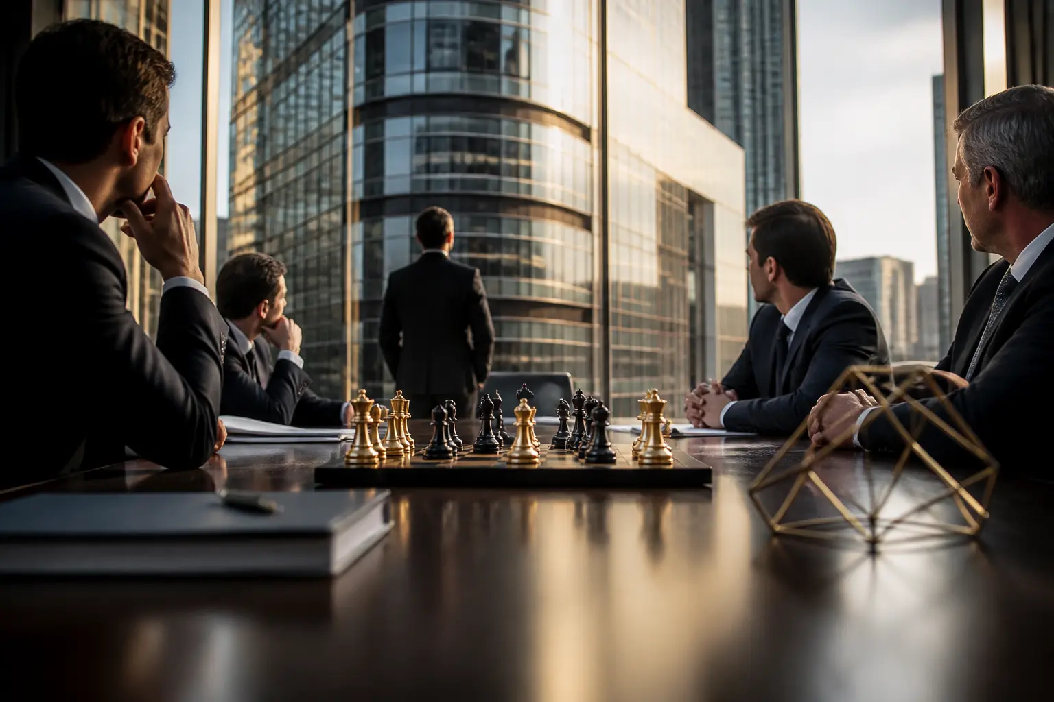 OPA en cours entre dirigeants devant un siège d’entreprise, ambiance de contrôle capitalistique et tension boursière
