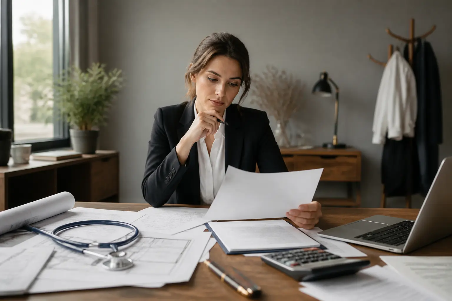 Profession libérale : freelance français à son bureau, documents, stéthoscope, plans, calculatrice et ordinateur portable