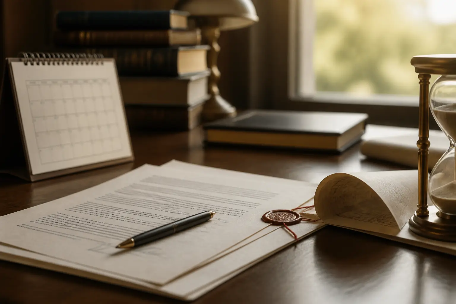 Bureau d’avocat avec contrat signé, calendrier, document tamponné et prorogation du délai, ambiance professionnelle chaleureuse