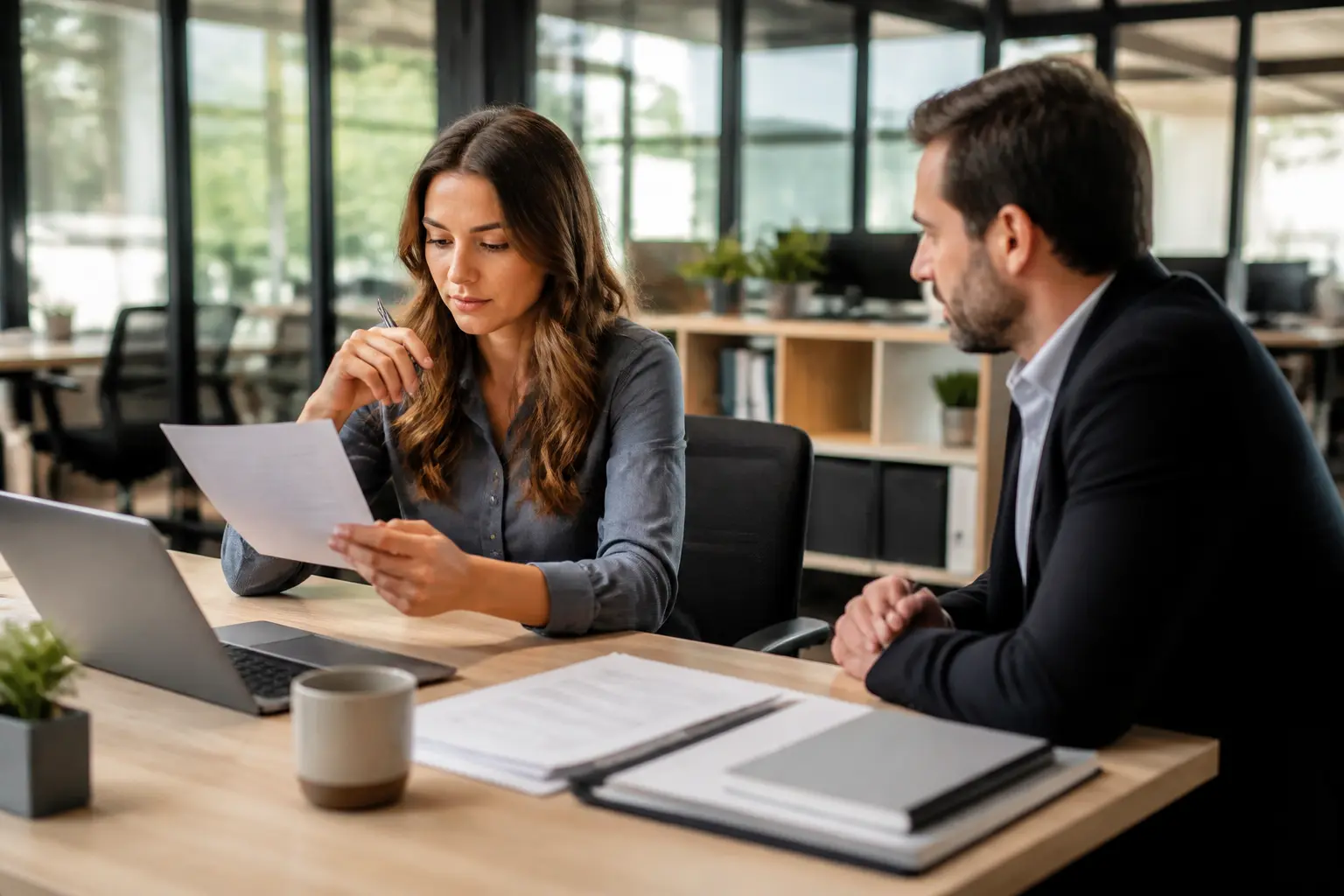 Rapport d’étonnement en entreprise : jeune salarié et manager analysent un document d’intégration dans un bureau moderne