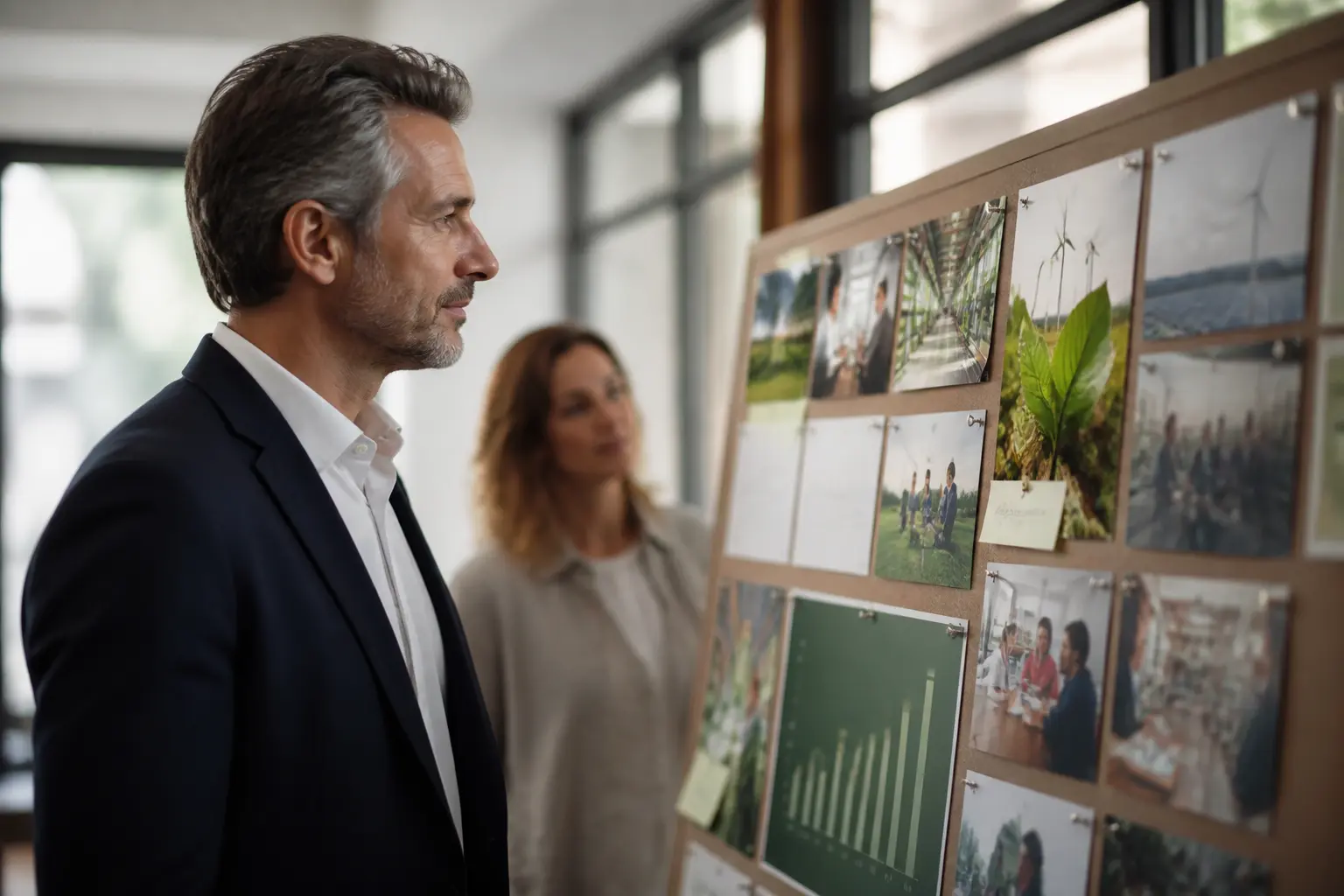 Leader en réunion analysant la rse entreprise sur un tableau de bord durable en bureau moderne