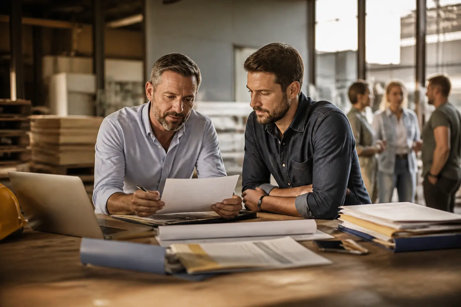 Sous traitance : manager SME et sous-traitant analysant contrat, planning et risques en bureau industriel moderne