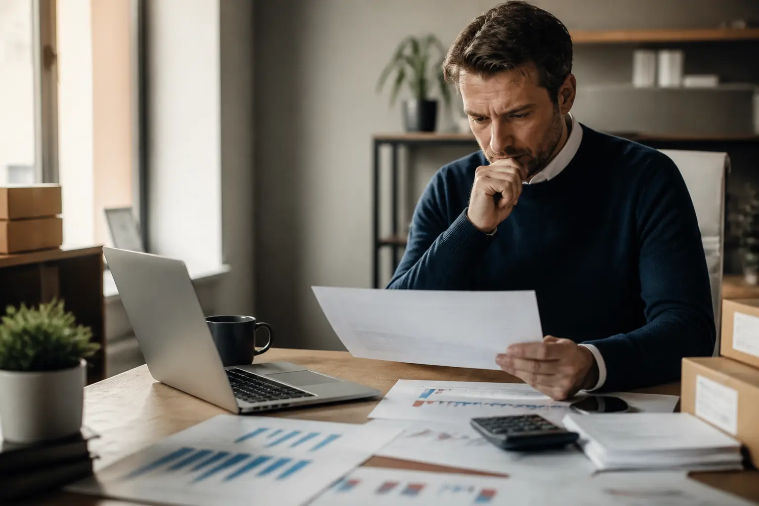 Entrepreneur français analysant le taux de marge, ventes et trésorerie sur ordinateur avec graphiques et calculatrice