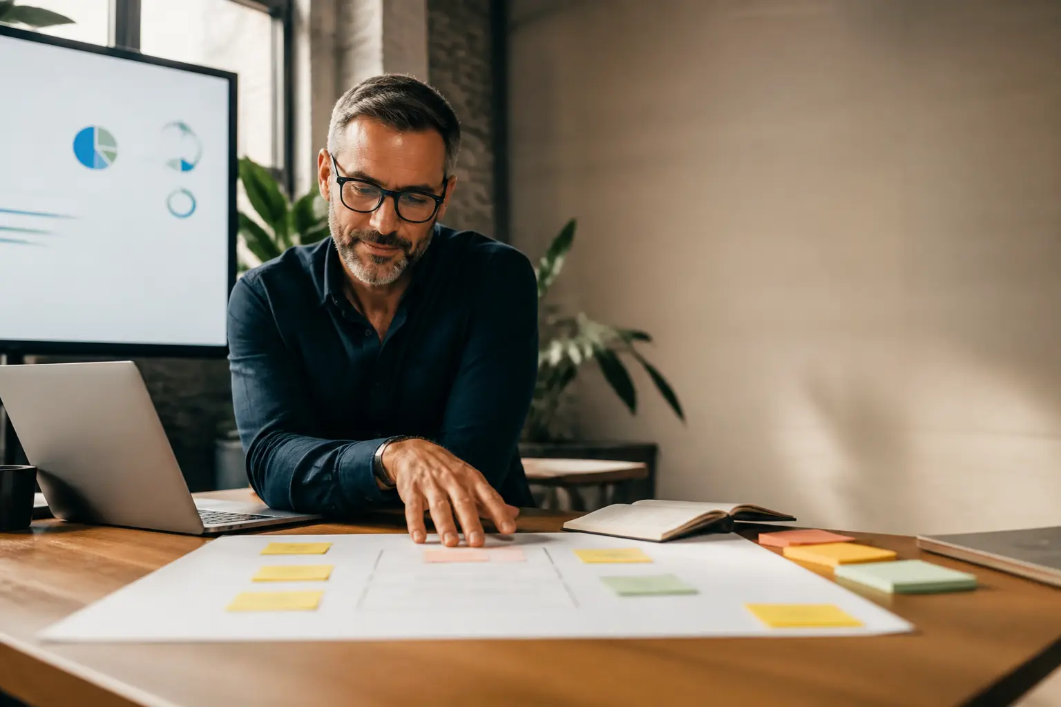 Consultant en marketing analysant une value proposition sur bureau moderne, laptop, notes et tableau de bord flou en arrière-plan