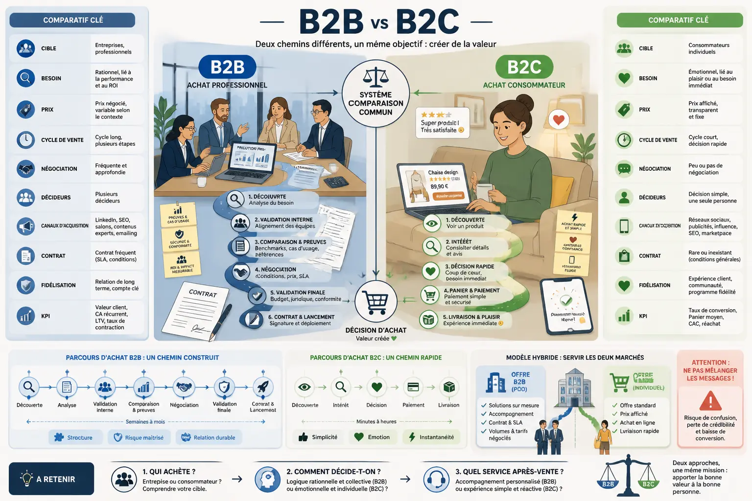 Infographie btob btoc comparant parcours d’achat B2B et B2C, décideurs, prix, cycle, contrat et conversion.