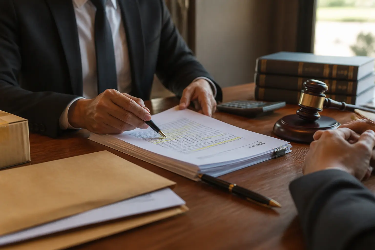 Bureau juridique avec contrat annoté, marteau, livres et dossier, illustrant le 1231-1 code civil et un litige contractuel