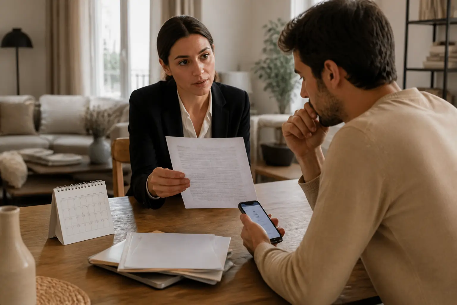 Avis d'échéance remis par un gestionnaire à un locataire dans un intérieur moderne, avec documents et smartphone bancaire