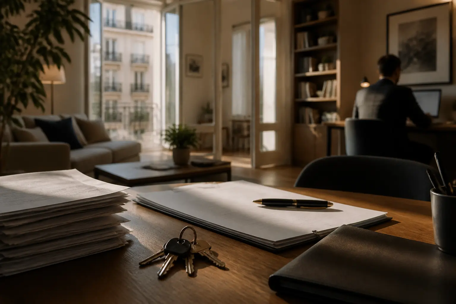 Salon moderne avec contrat, clés et dossier, illustrant le bail code civil et le risque de requalification du bien