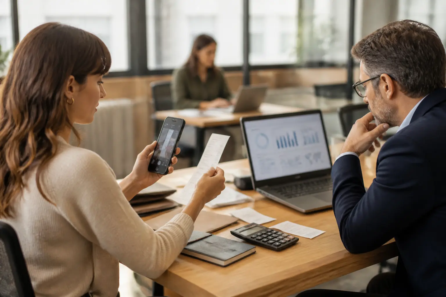 cleemy : salarié photographiant un reçu avec smartphone, manager validant une note de frais sur ordinateur en bureau moderne