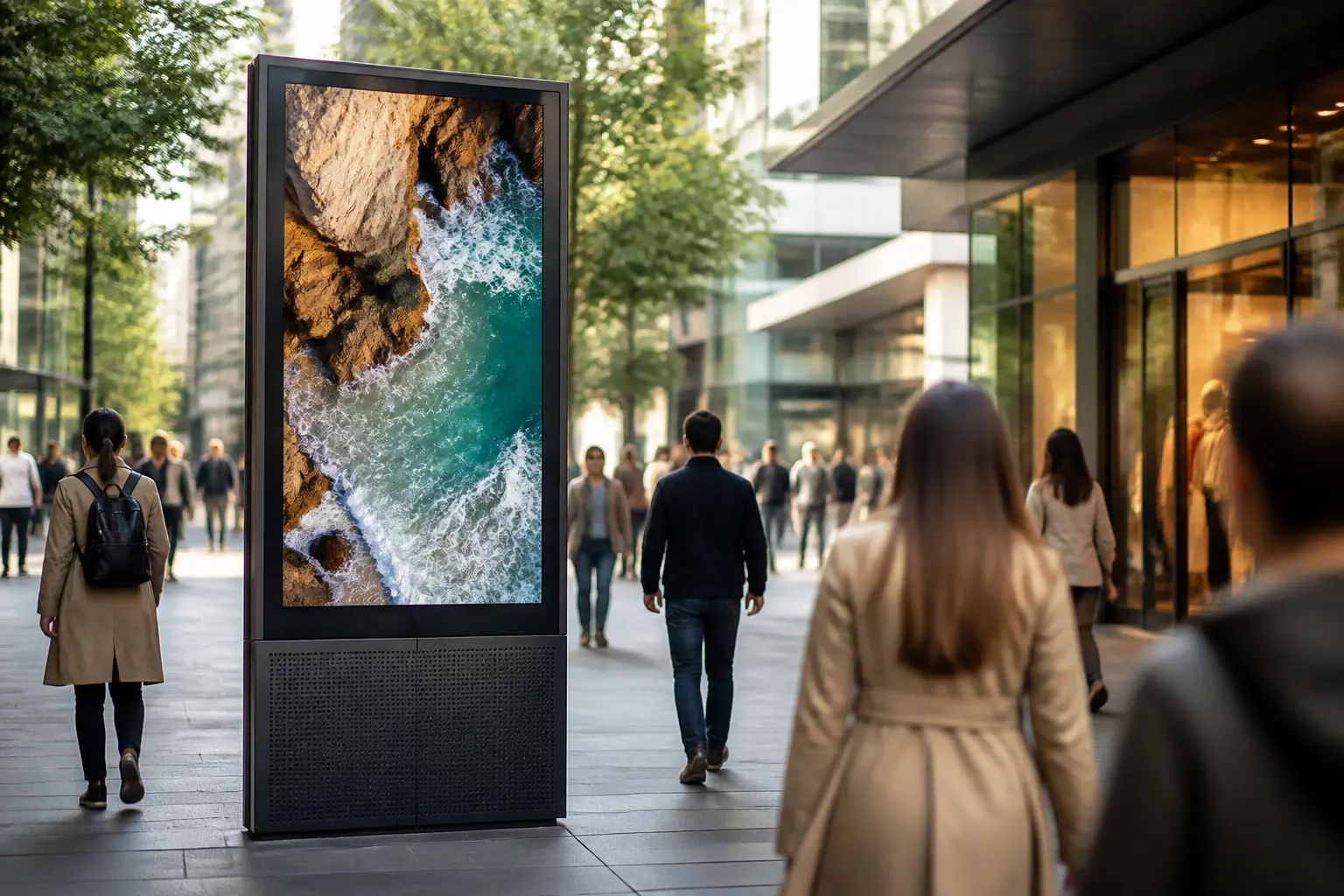 Panneau dooh en ville animée, passants et vitrines, visibilité marketing et performance en contexte urbain réaliste