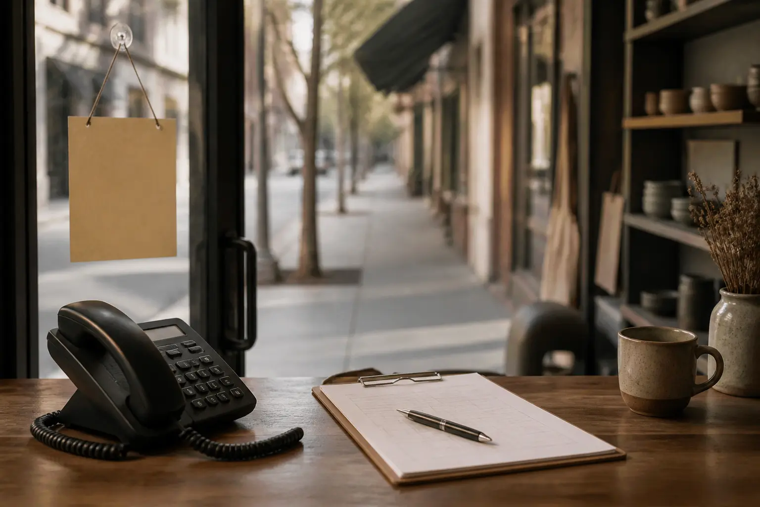 Fermeture exceptionnelle d’une boutique locale, panneau temporaire sur la porte, rue calme et bureau avec téléphone et calendrier.
