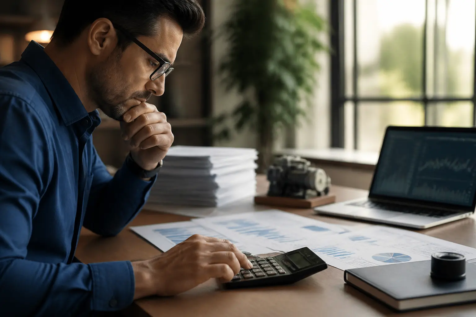 Professionnel analysant une formule van volume sur tableur, calculatrice et graphiques financiers, bureau premium lumineux