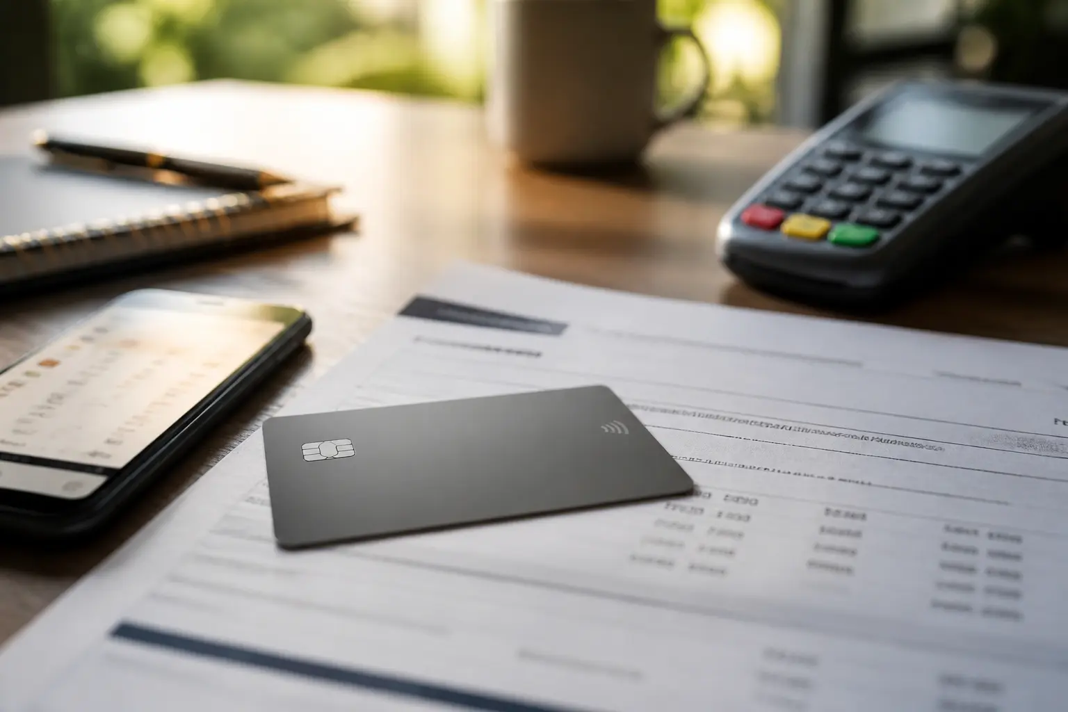 Fourniture carte debit sur relevé bancaire, carte bancaire, terminal de paiement et smartphone sur bureau épuré.