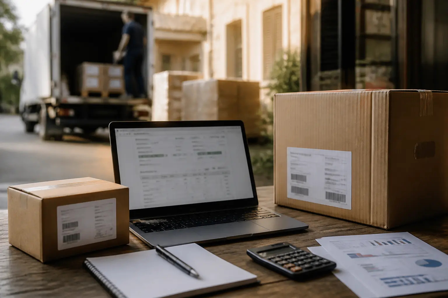 Franco de port en e-commerce : colis, camion et tableau de bord logistique dans un contexte business français.