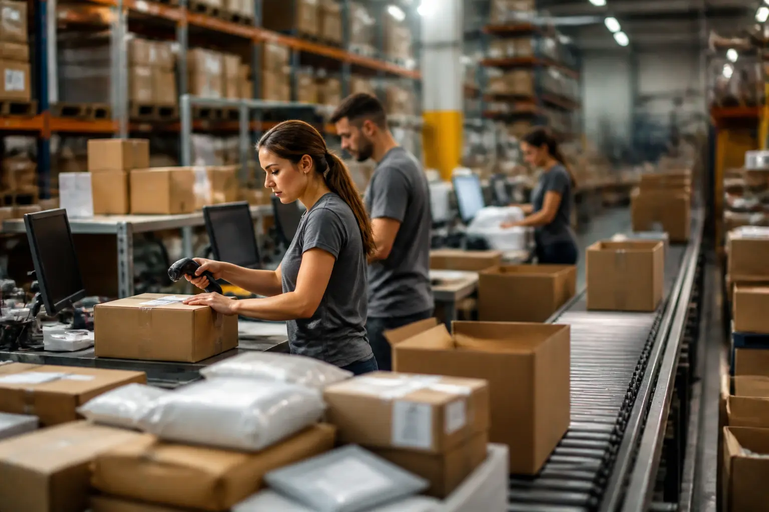 Centre de fulfillment e-commerce avec rayonnages, scanners, colis, convoyeurs et retours, en ambiance logistique premium