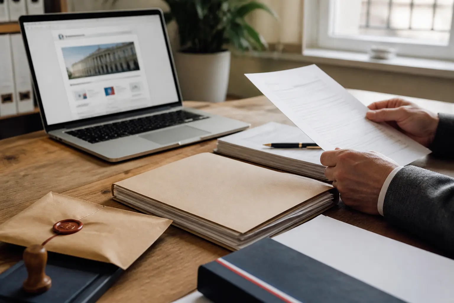 Bureau administratif avec journal des associations, documents officiels, ordinateur et main vérifiant une annonce publiée