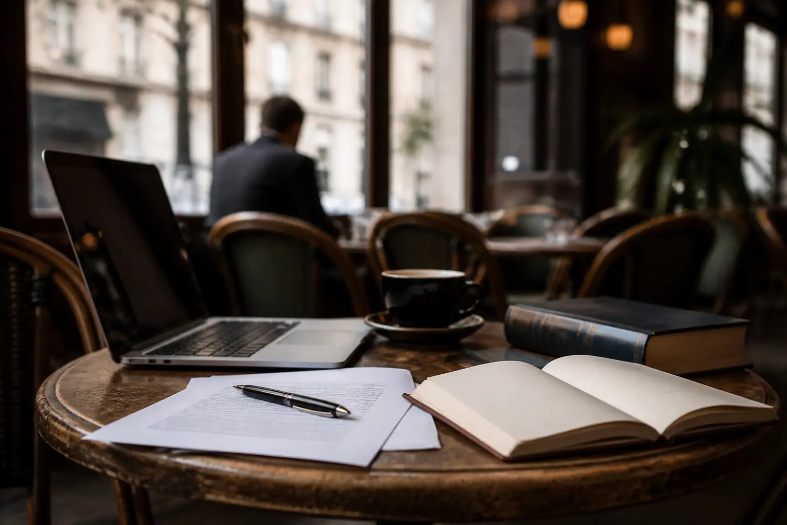 Le café du droit : table de café française avec laptop, documents juridiques, carnet, stylo et tasse, ambiance pro et chaleureuse