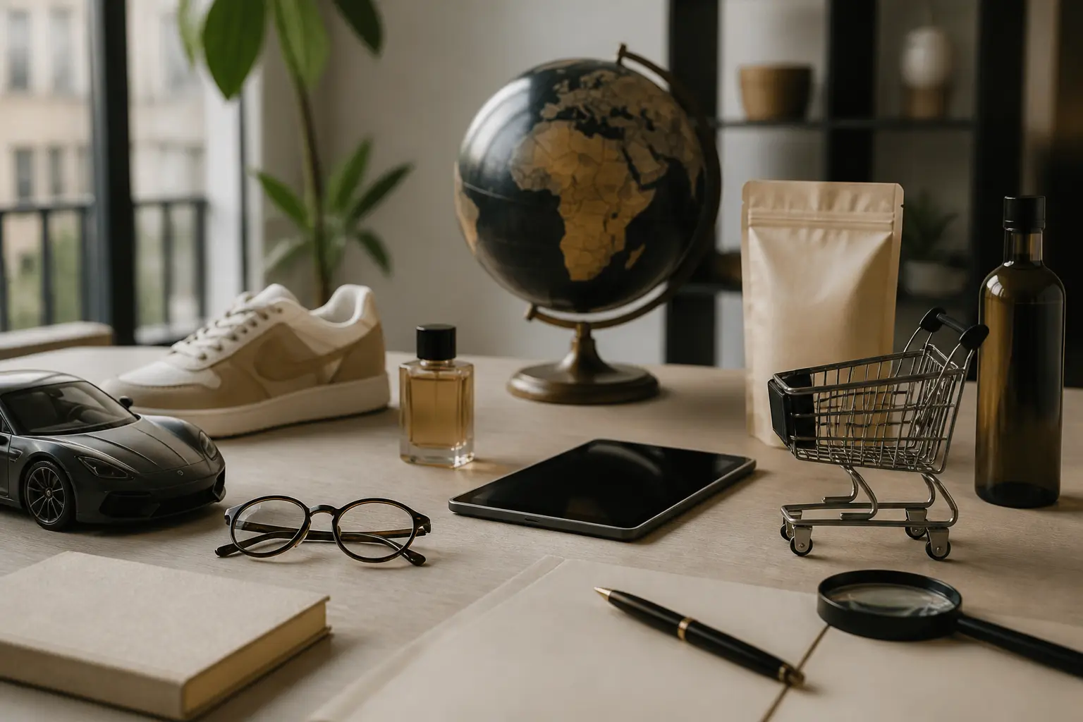 Bureau éditorial premium sur les marques en a, avec objets variés: voiture, lunettes, livre, sneaker, tablette, épicerie, parfum et caddie.