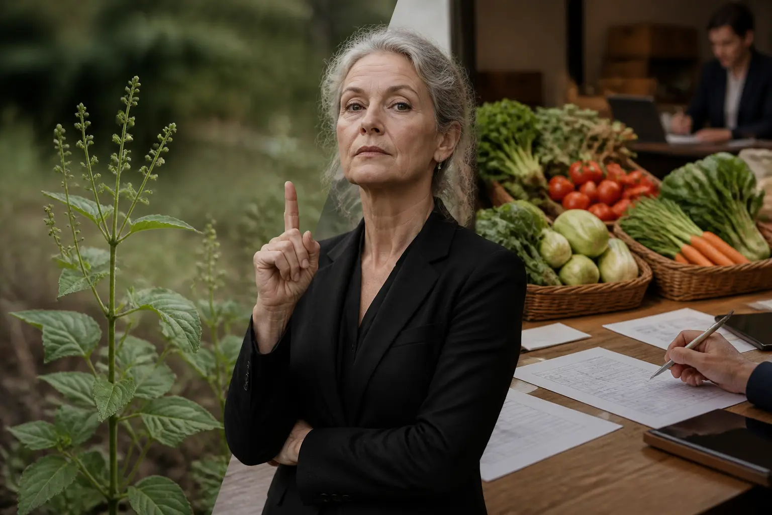 mercuriale : scène éditoriale montrant une plante sauvage, des prix de marché et une figure sévère en lumière naturelle