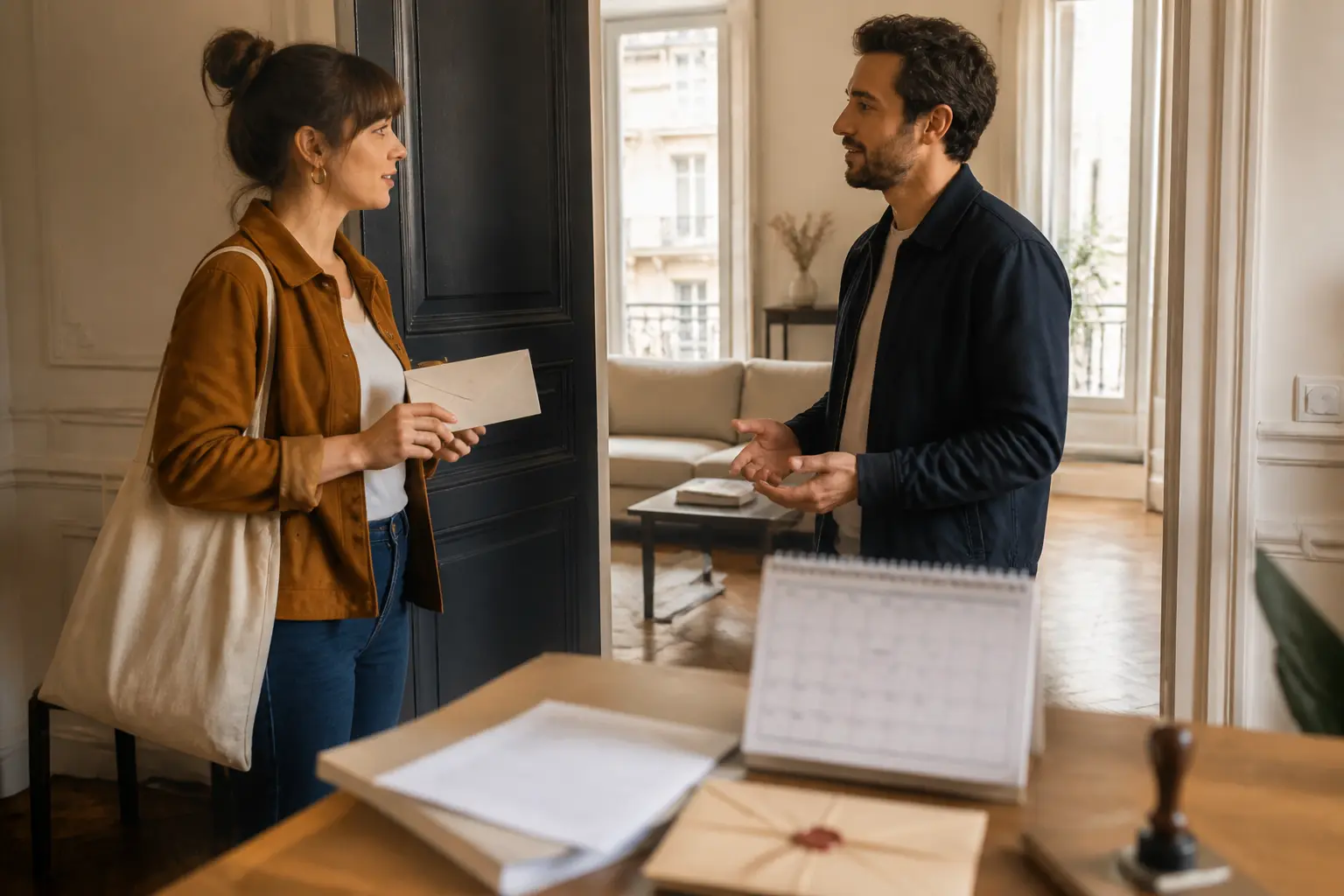 Préavis location meublée : locataire et propriétaire discutent d’un courrier, calendrier et documents sur table.