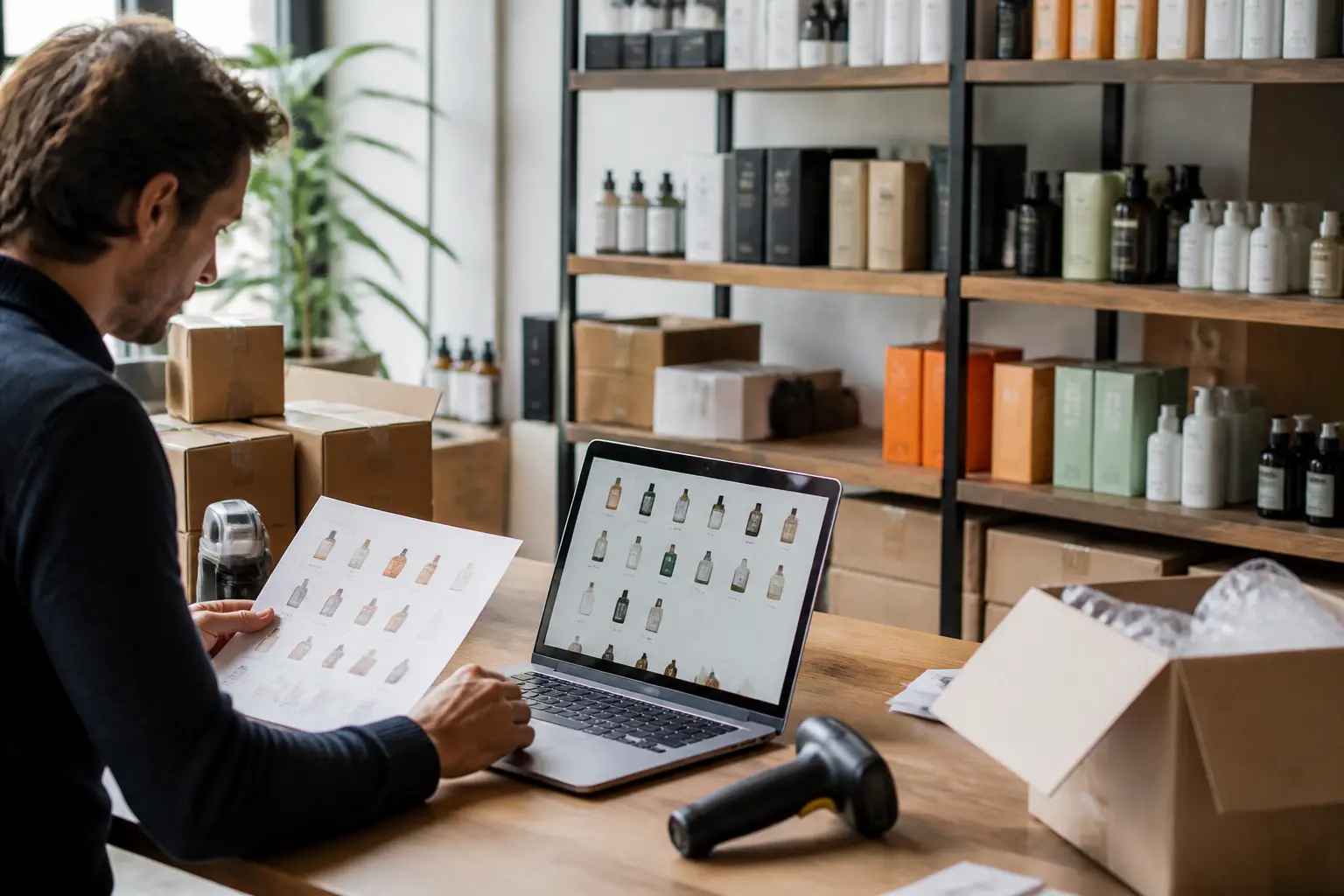 Gestion des sku en entrepôt e-commerce, professionnel vérifiant références produits, boîtes et étagères organisées