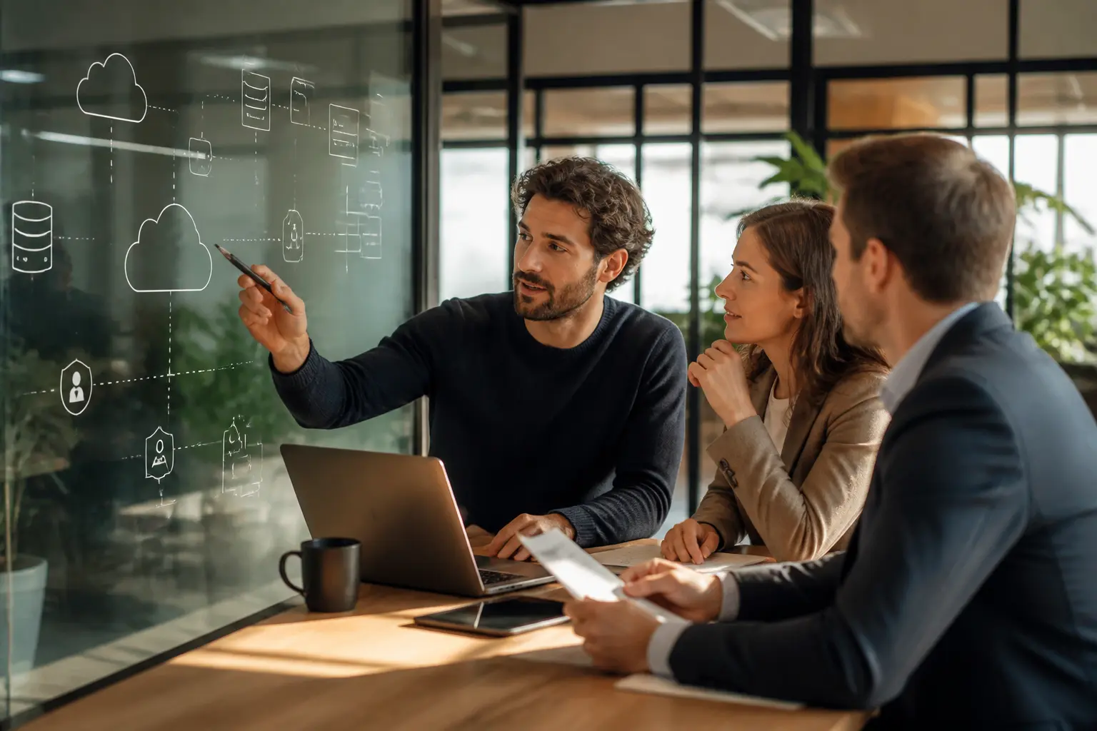 Équipe ssii en réunion dans un bureau moderne, consultant montrant un écran, client attentif, ambiance premium et professionnelle