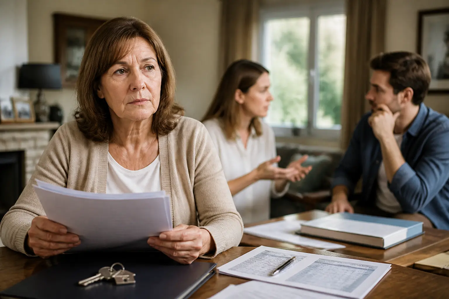 Succession père décédé mère vivante : mère avec documents, enfants discutant dans un salon familial, clés et dossier notarial