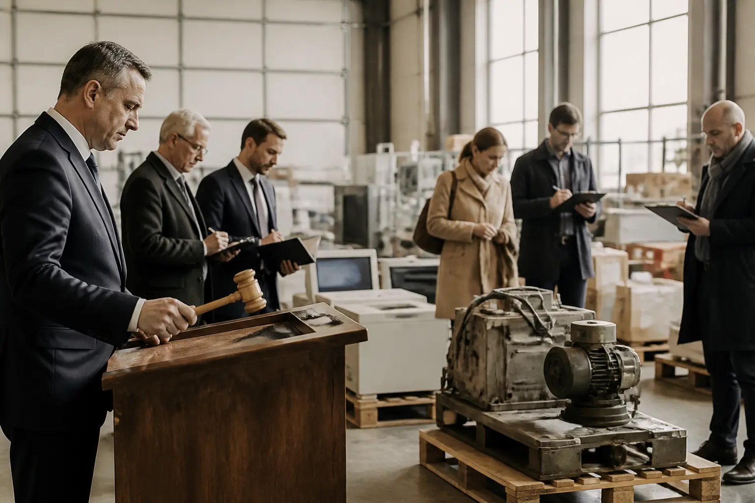 Vente aux enchères liquidation judiciaire en France : liquidateur, acheteurs et matériel industriel inspecté en salle d’enchères
