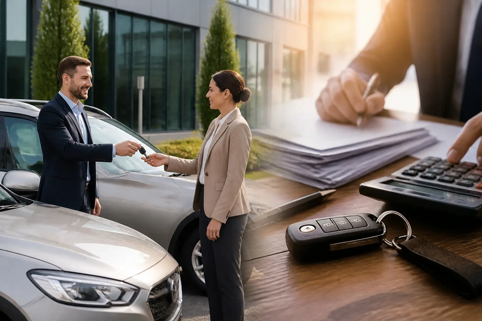 Avantage en nature véhicule : salarié recevant une voiture d’entreprise, avec documents, clés et calculatrice en bureau moderne