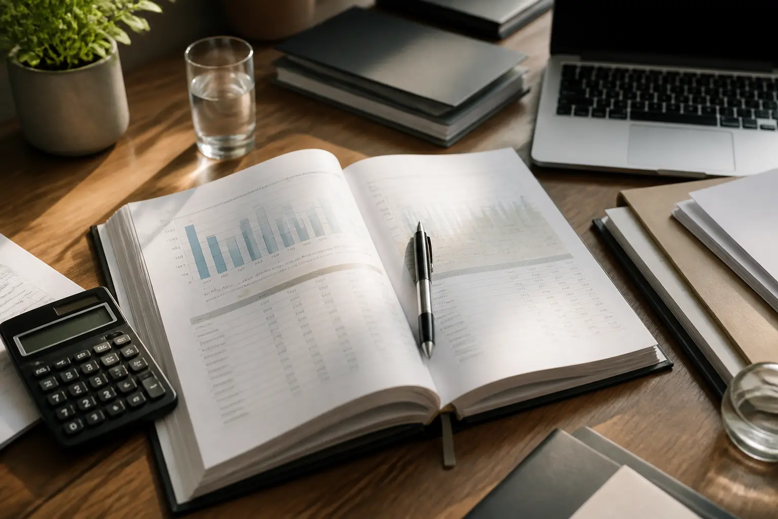 Bilan comptable exemple sur bureau moderne avec rapport financier, calculatrice, ordinateur portable et documents organisés