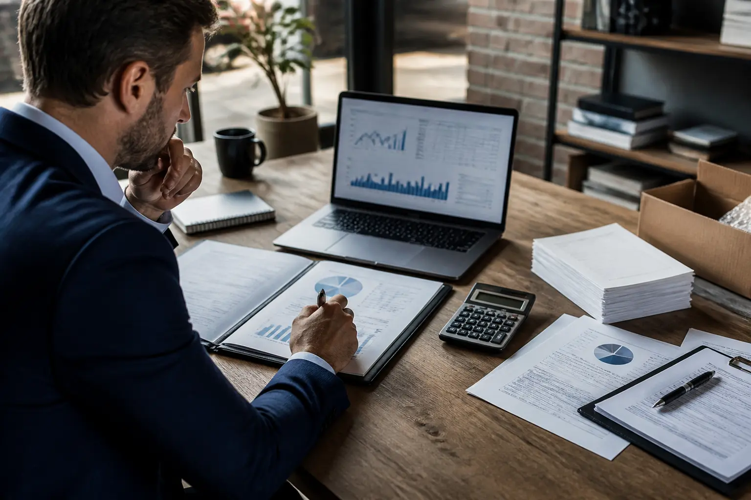 Entrepreneur analysant un bilan financier et des tableaux de trésorerie sur ordinateur, documents et calculatrice sur bureau.