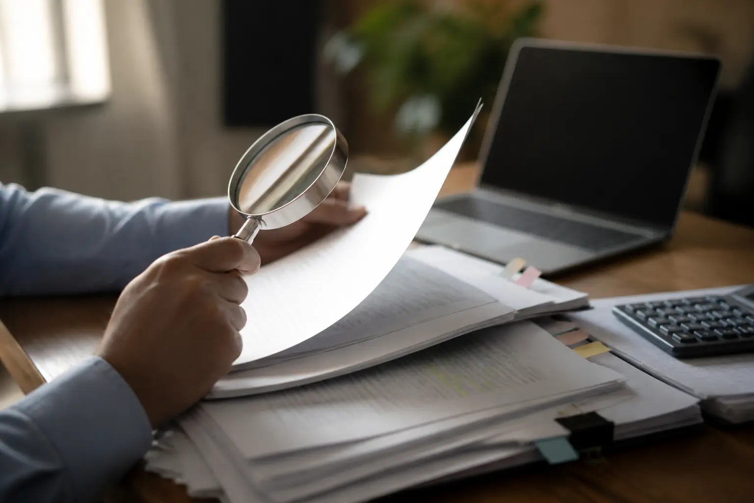 Dossier c.c.a.p sur bureau, main lisant un contrat public avec loupe, onglets, calculatrice et ordinateur.