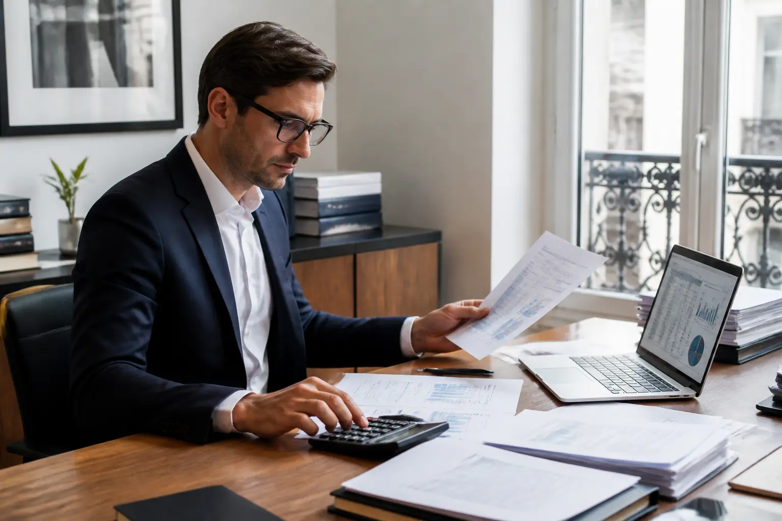 Calcul cvae : directeur financier d’une PME française analysant documents fiscaux, calculatrice et tableaux comptables en bureau moderne