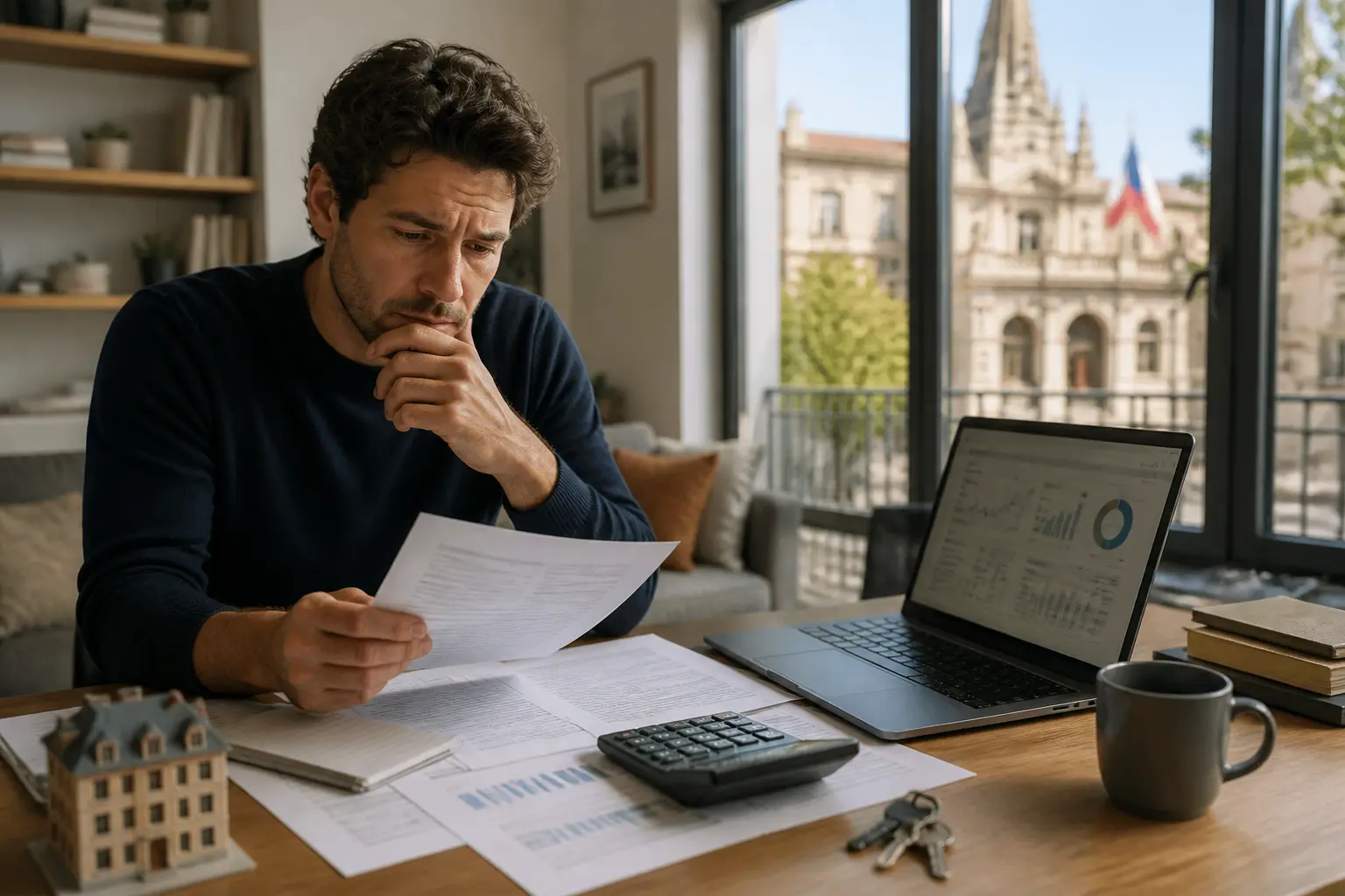 cfe lmnp : propriétaire LMNP examinant des documents fiscaux dans un appartement meublé, calculatrice et mairie en fond