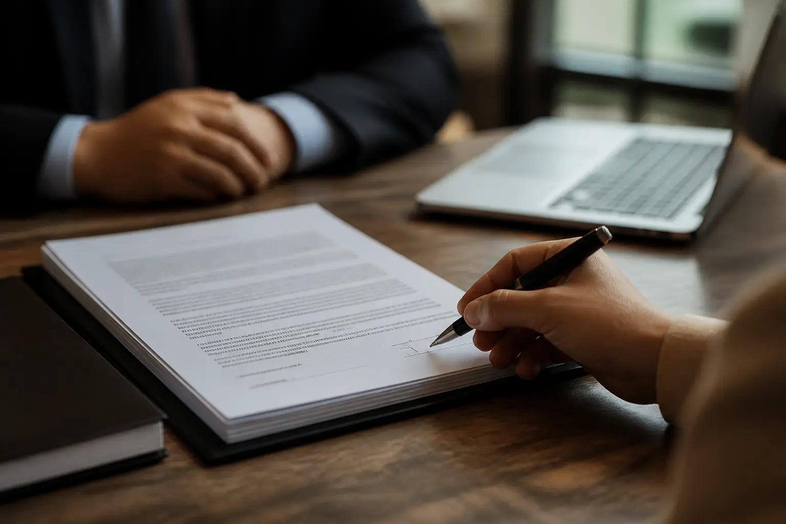 Contrat d'adhésion sur bureau, main près d’une case à cocher et d’une signature, ambiance juridique professionnelle.