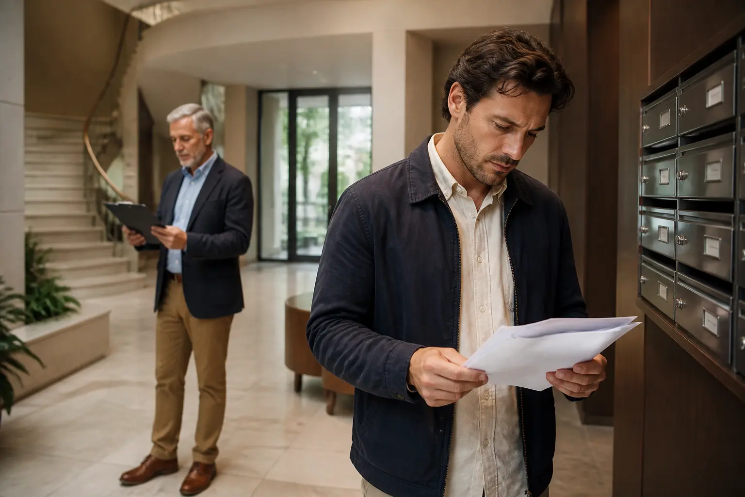 Copropriétaire consultant des documents dans un hall d’immeuble moderne, avec syndic en arrière-plan et parties communes visibles
