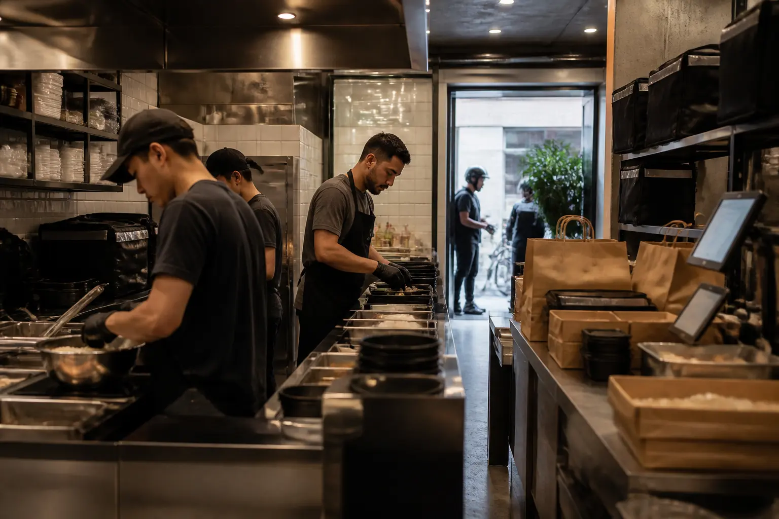 Dark kitchen moderne avec chef et équipe préparant des commandes à emporter pour la livraison, ambiance urbaine professionnelle