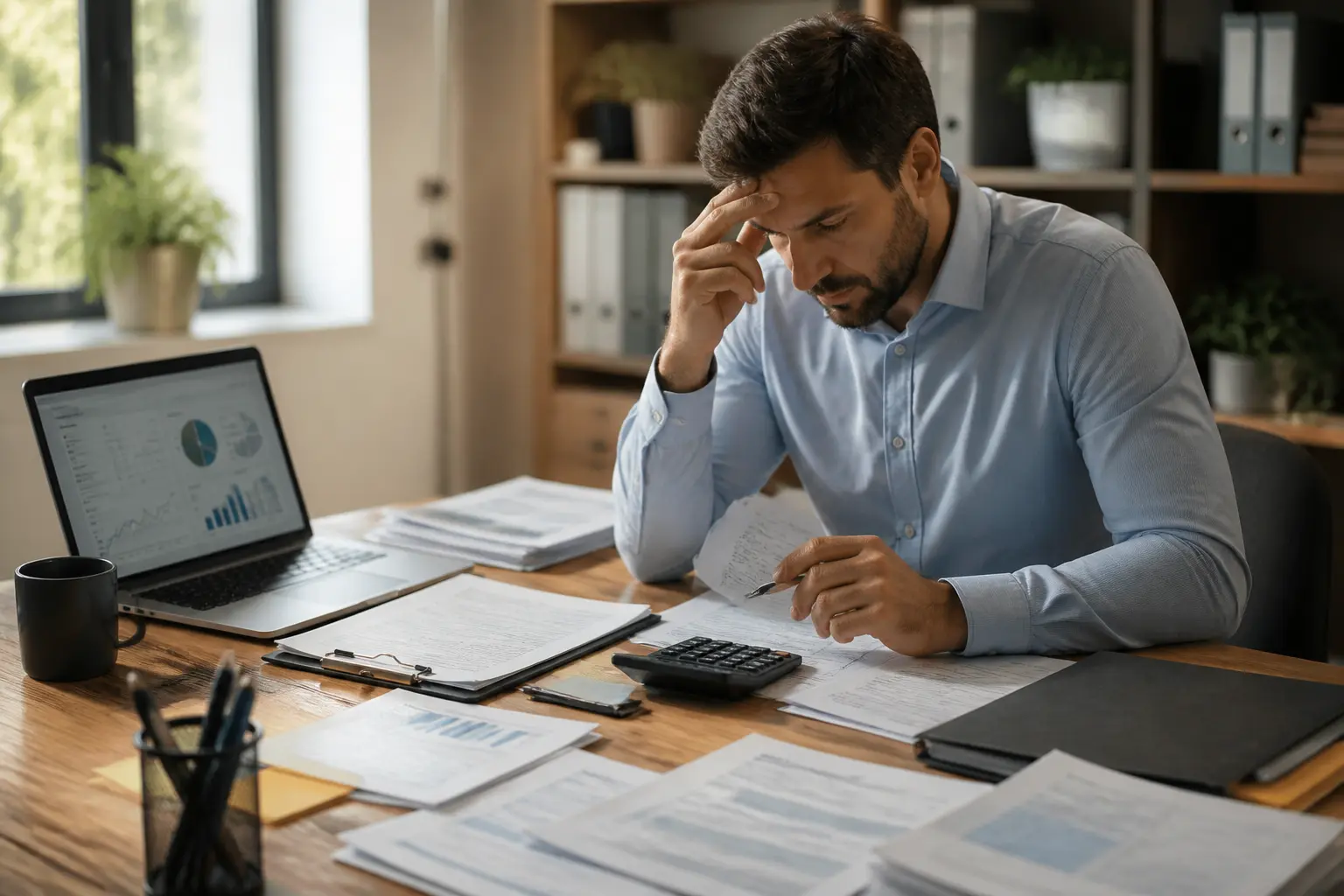 Professionnel au bureau vérifiant des factures et relevés pour la déclaration das 2, ambiance fiscale rigoureuse