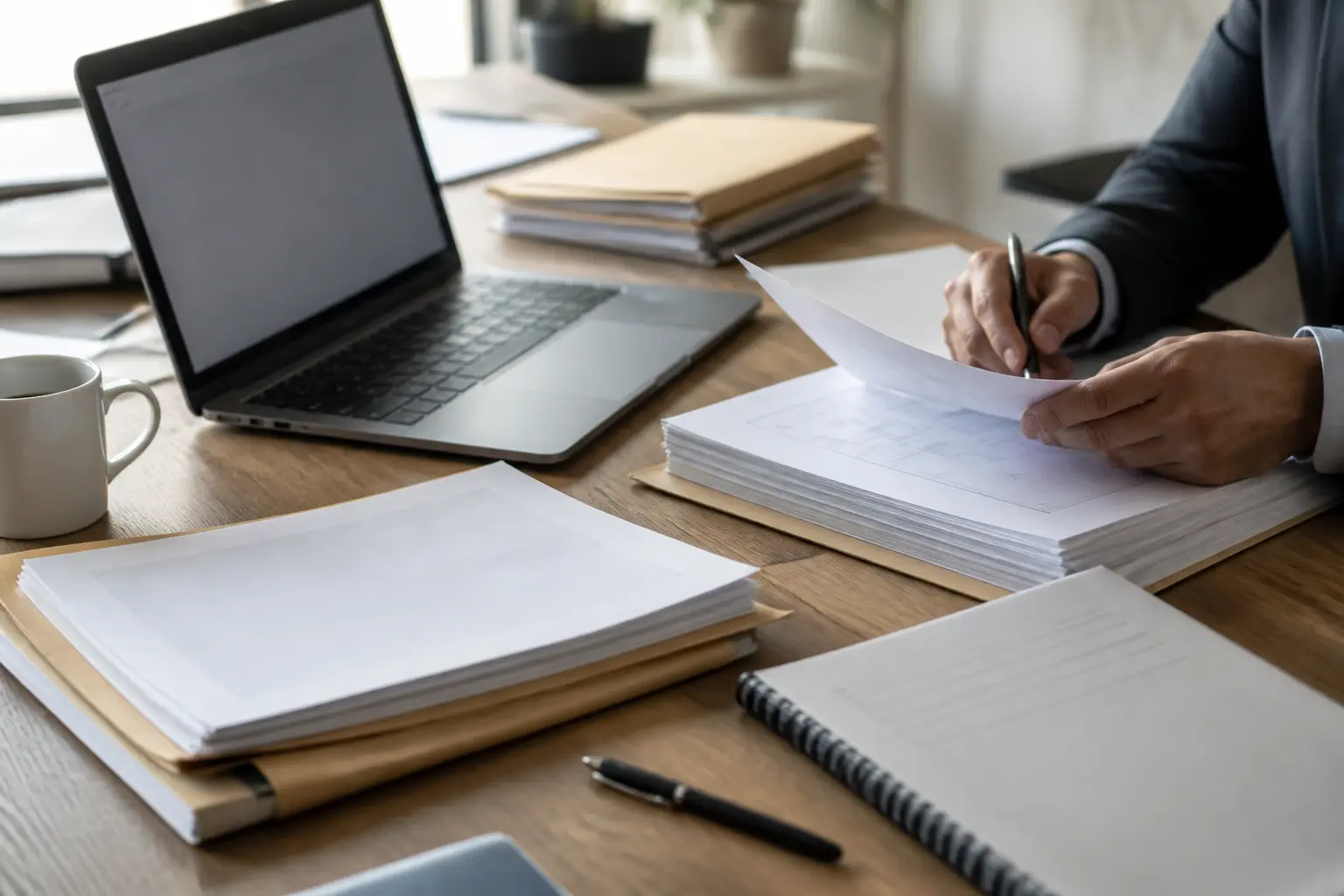 DCE sur un bureau de consultation: documents contractuels, plans techniques, ordinateur portable et main qui vérifie les dossiers.