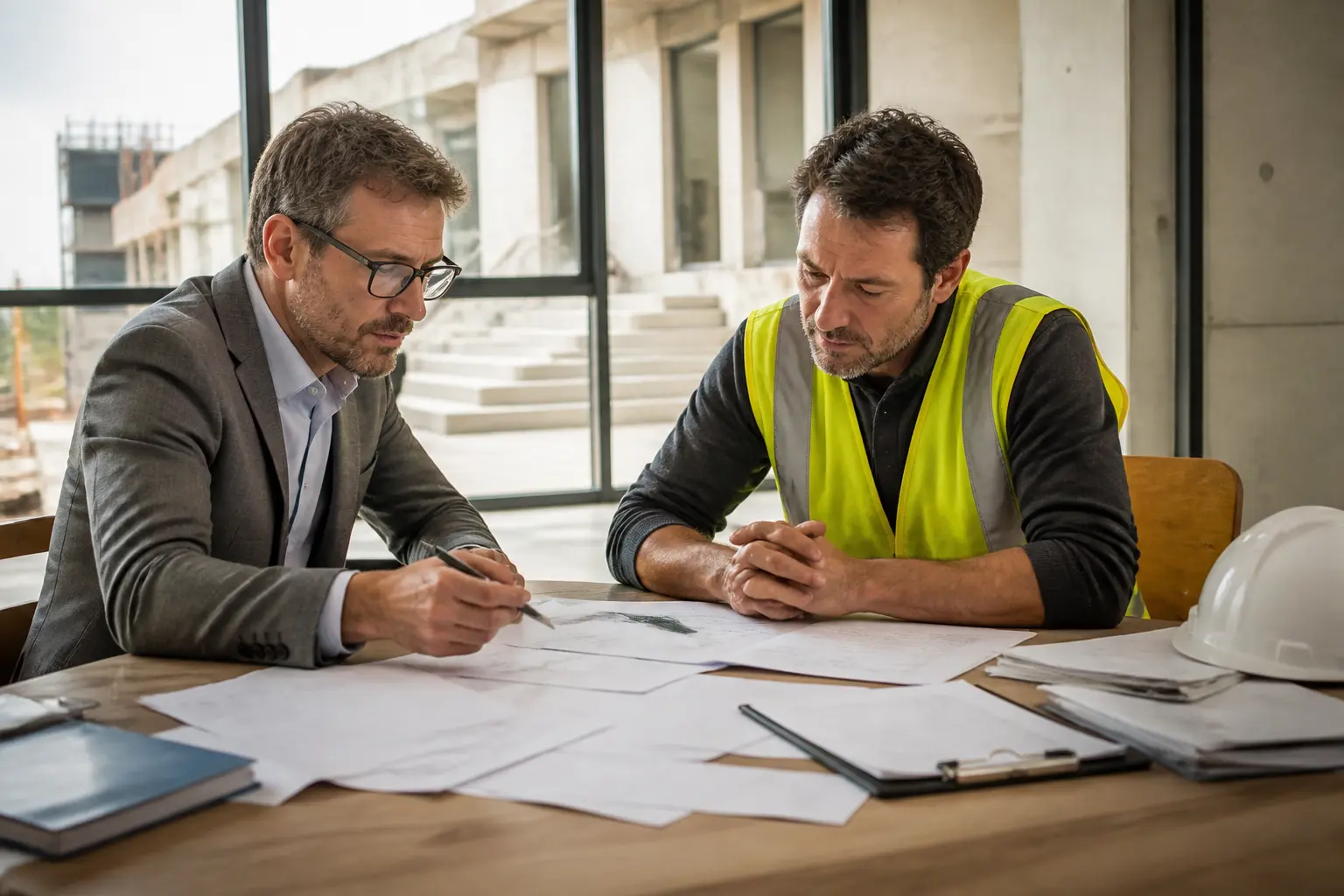 dgd travaux : chef de projet et entrepreneur vérifient factures, plans et documents de clôture sur chantier terminé
