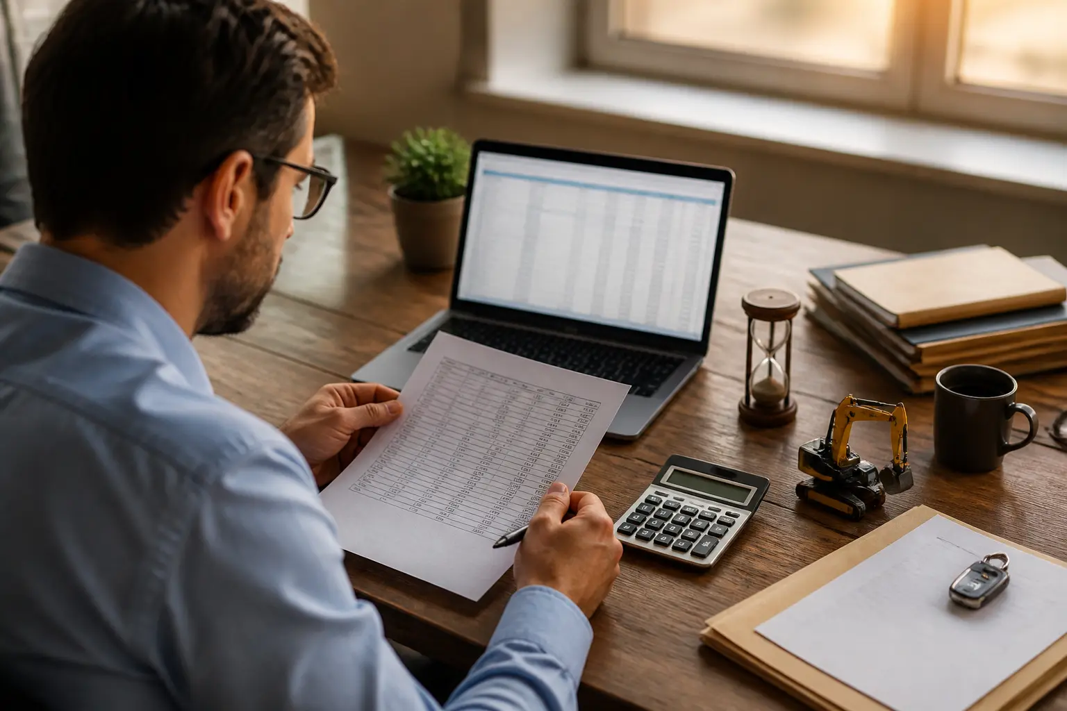 Chef d’entreprise examinant une dotation au amortissement, tableau imprimé, ordinateur portable et objets de bureau sur un bureau chaleureux.