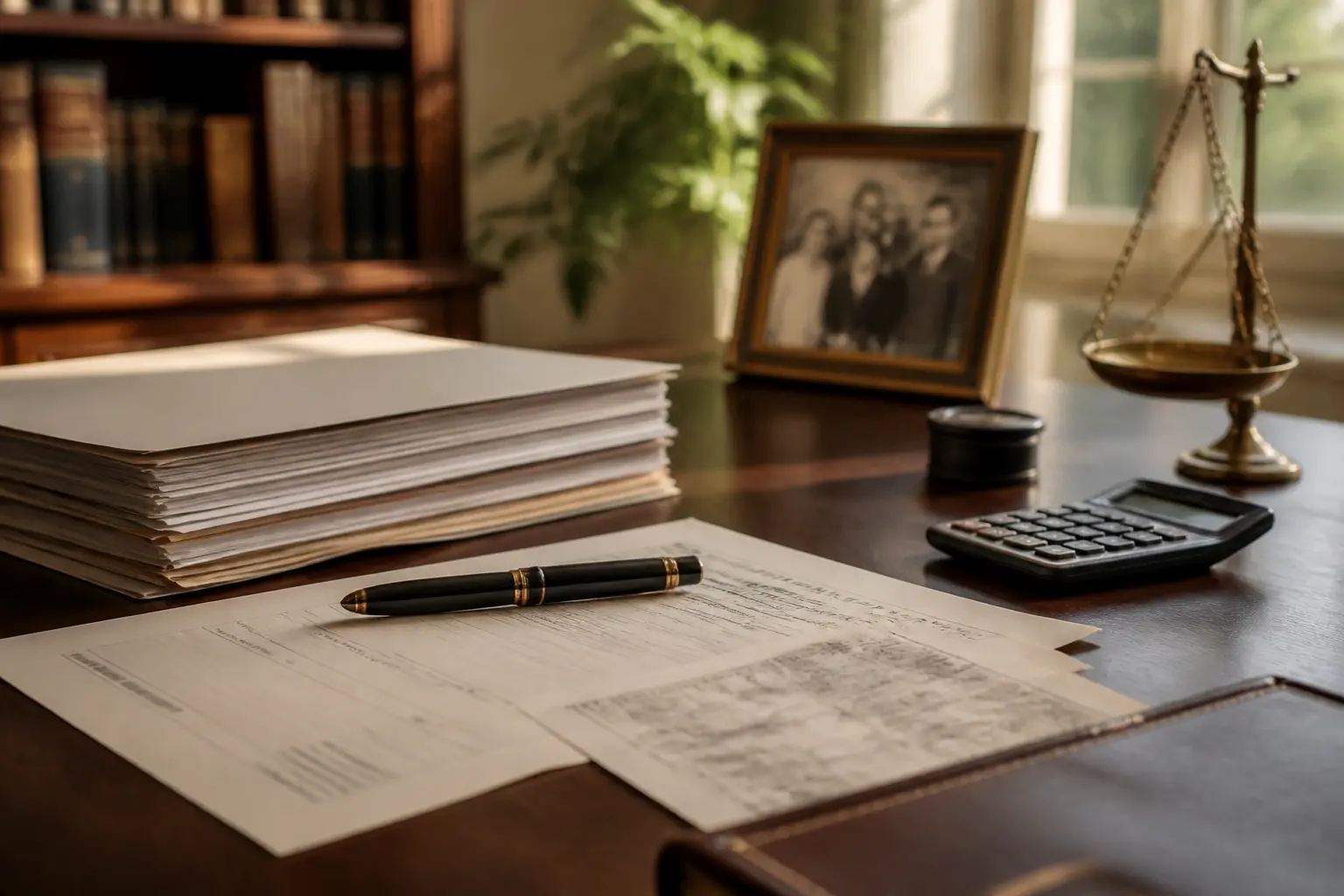 Bureau de notaire avec documents, calculatrice et stylo, illustrant le droit de succession et la fiscalité en France