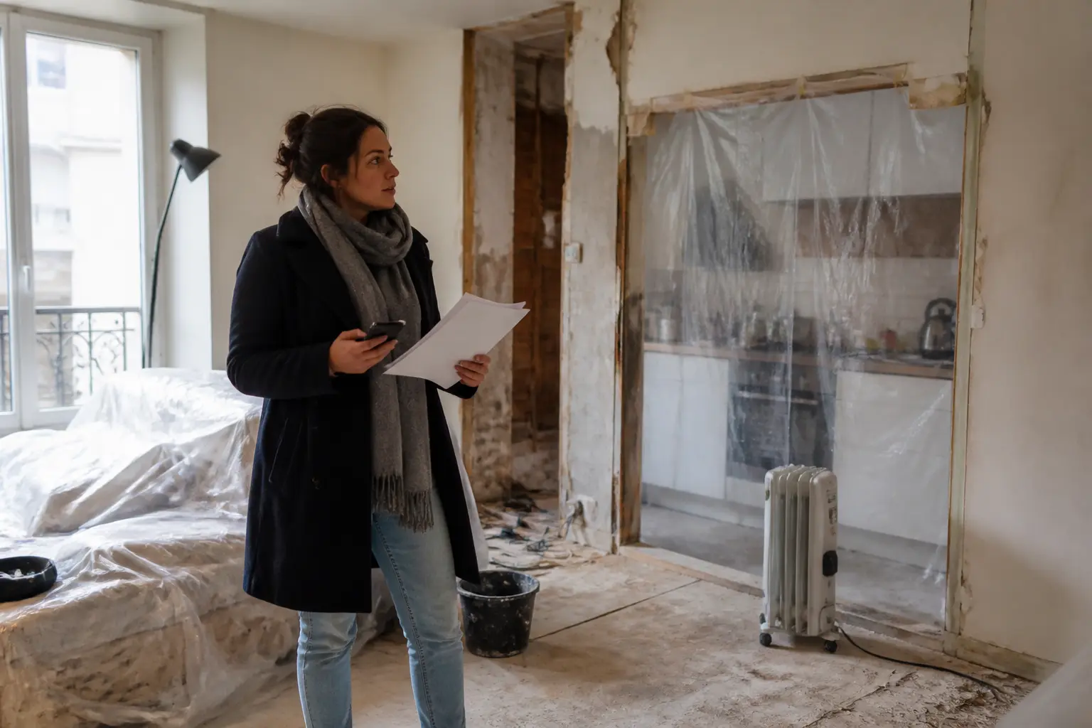 Locataire français en appartement en travaux, illustrant le droit du locataire en cas de gros travaux et l’inconfort subi