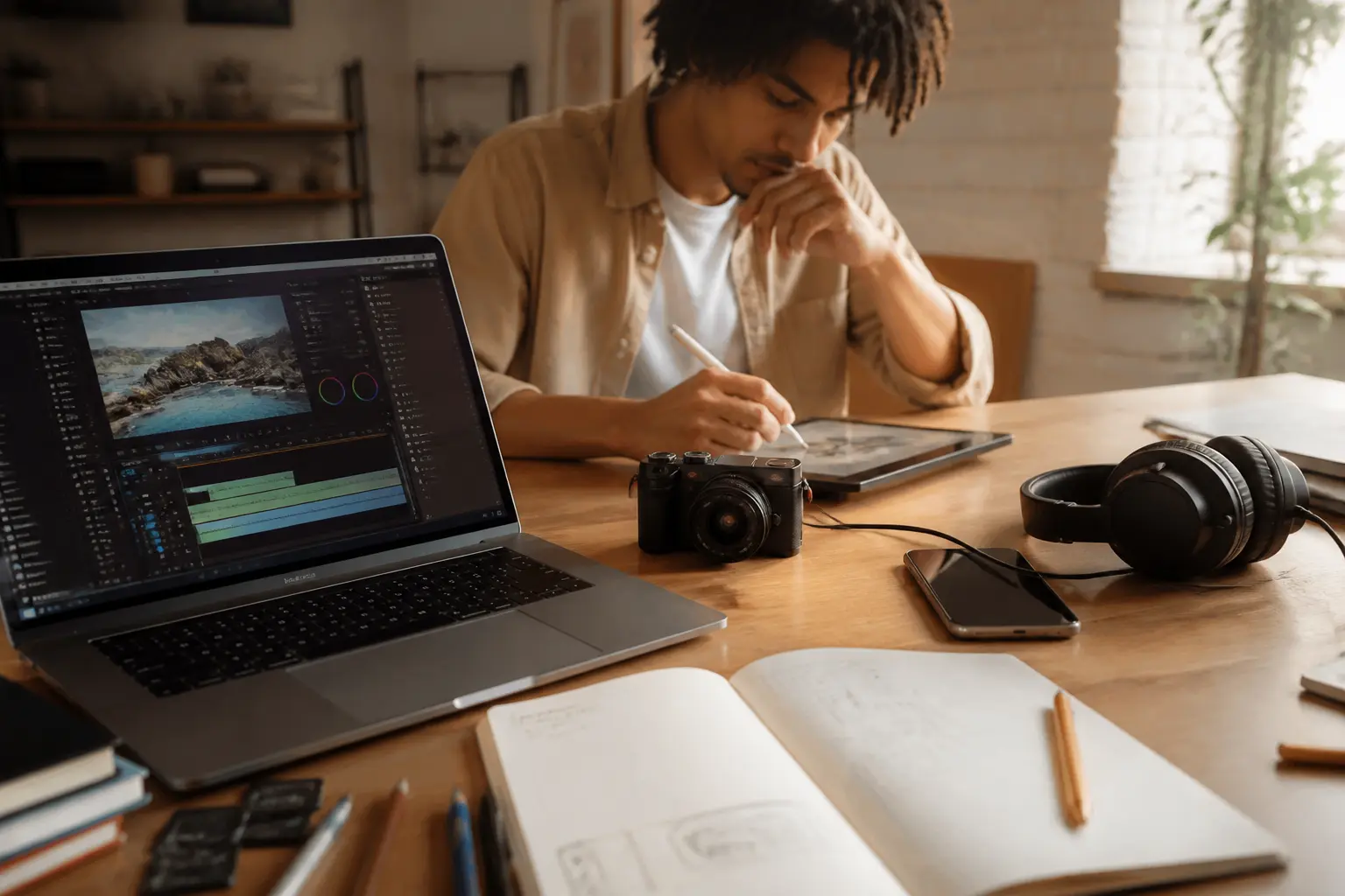 e multimedia : bureau créatif avec laptop, smartphone, tablette, caméra et jeune pro en apprentissage digital