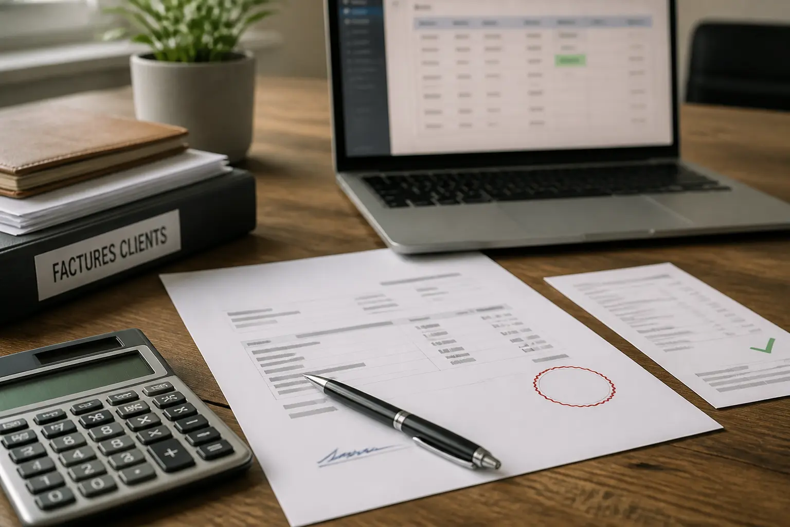 Facture acquittée sur bureau d’entreprise avec reçu de virement, calculatrice, stylo et ordinateur portable flou